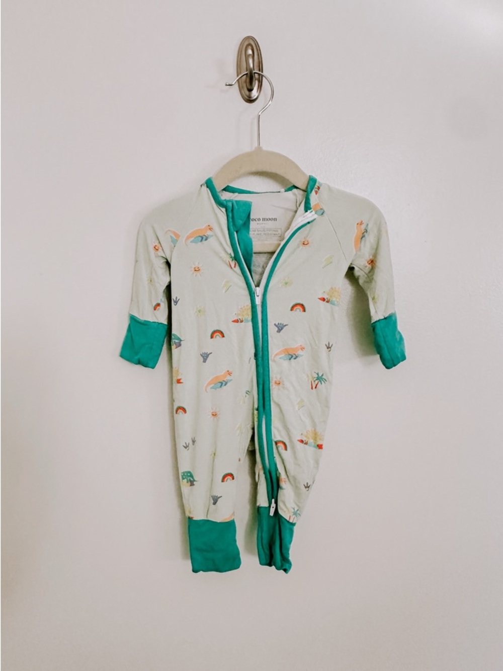 Coco Moon Mint Zip-Up Bamboo PJs with Cheerful Print. Can be footed.